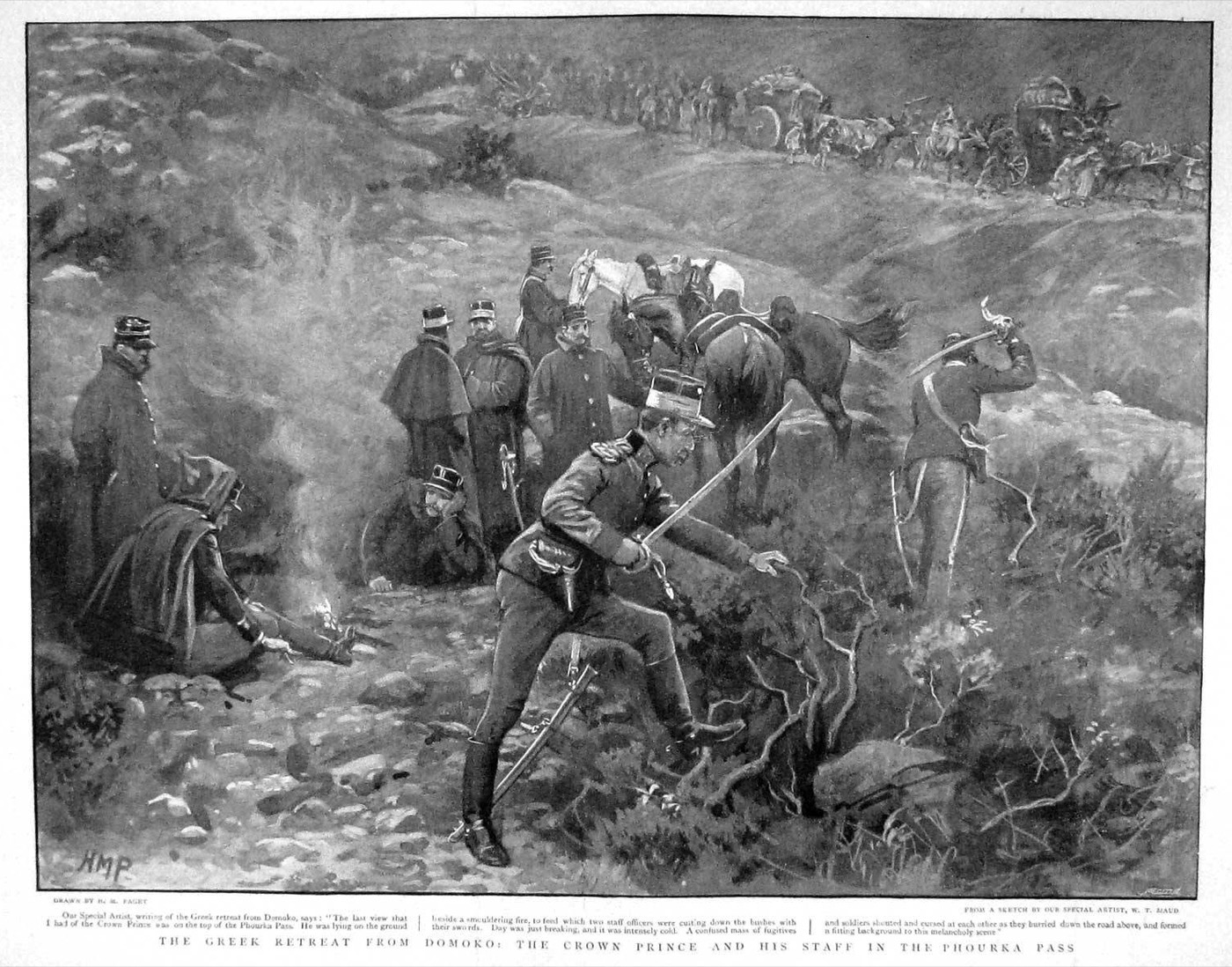 Der griechische Kronprinz Konstantin und sein Gefolge im Phourka-Paß, im Hintergrund das zurückgehende griechische Heer