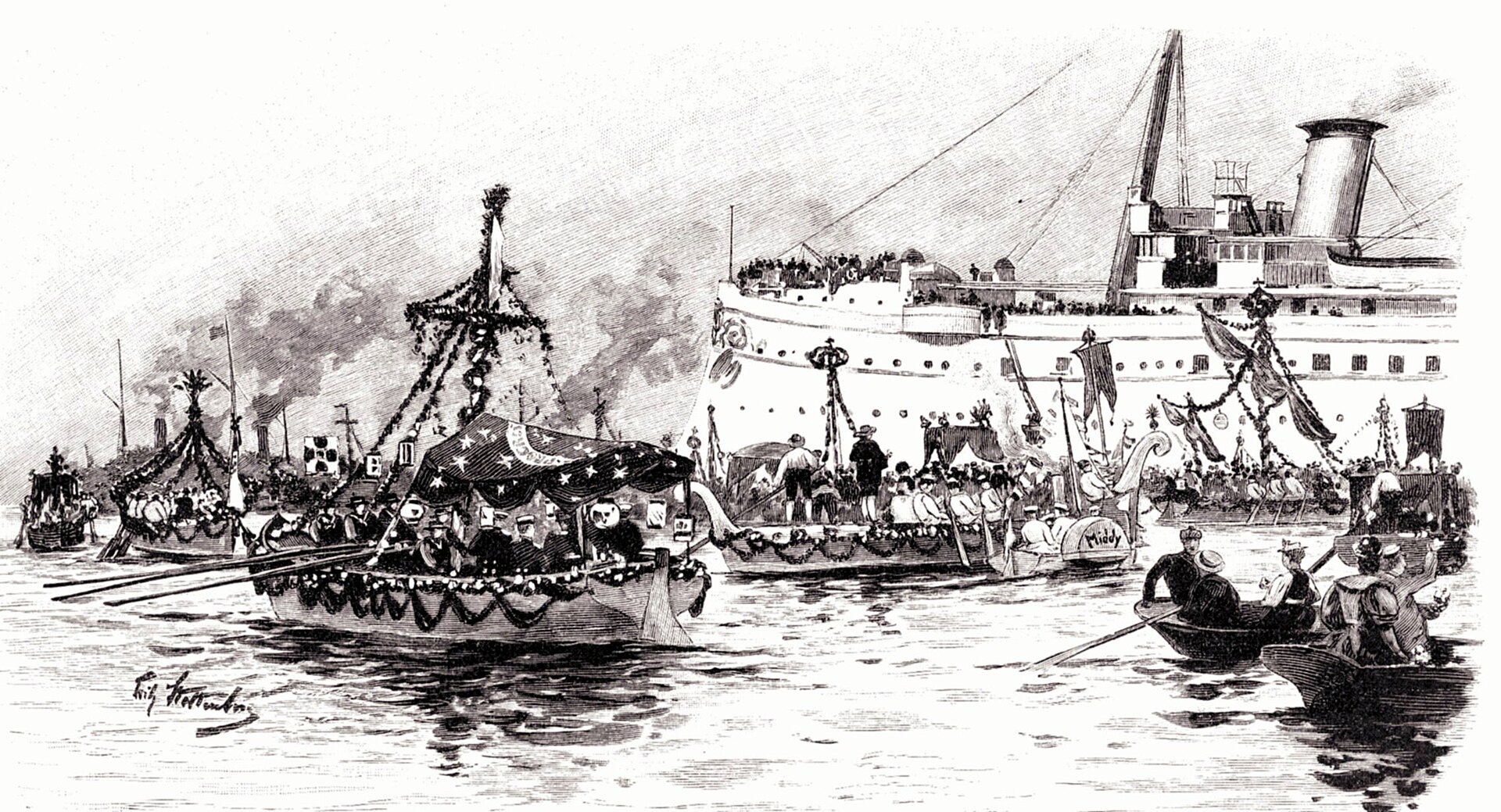 Der Blumenkorso der Kieler Woche am Abend des 28. Juni 1894, Zeichnung von Fritz Stoltenberg