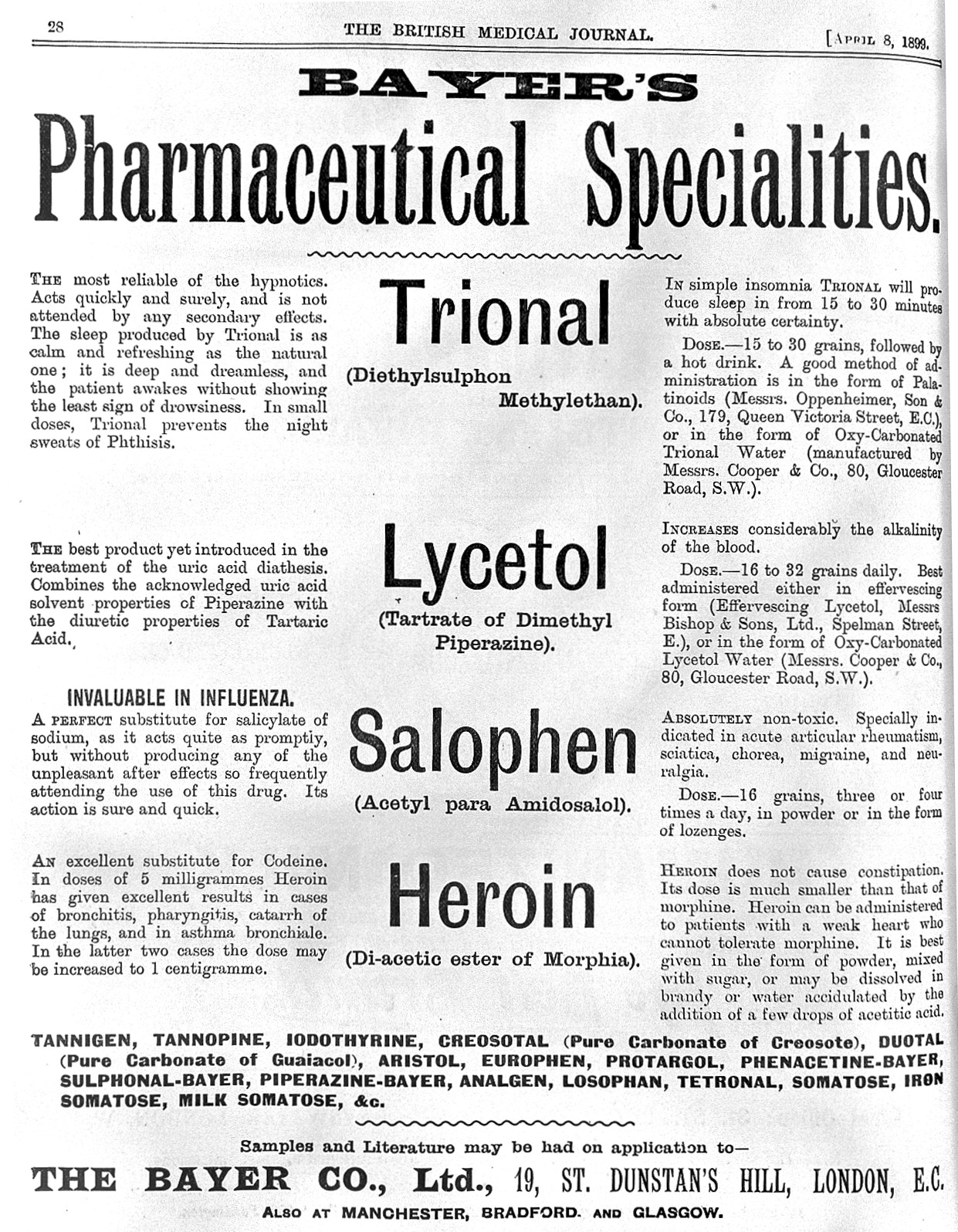 Anzeige der Farbenfabriken Bayer für Trional, Lycetol, Salophen und Heroin