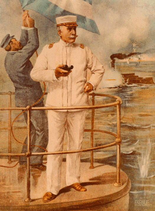 Commodore Dewey auf der Brücke der Olympia in der Seeschlacht bei Manila