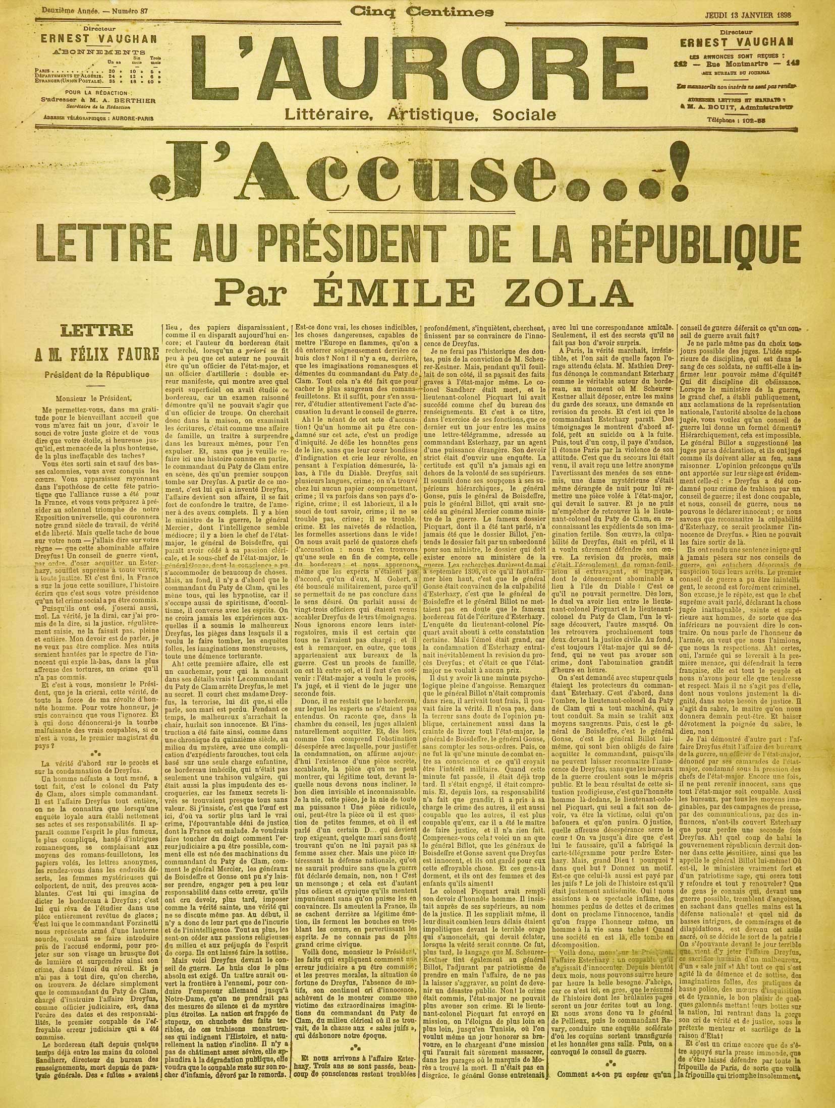Titelseite der Zeitung L'Aurore vom 13. Januar 1898 mit Zolas offenem Brief
