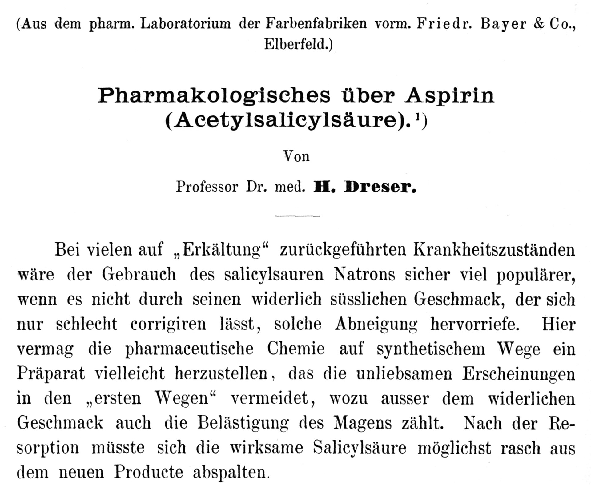 Titelblatt von Heinrich Dresers Abhandlung über Aspirin in Pflügers Archiv