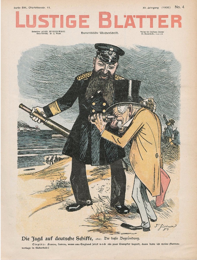 Staatssekretär Tirpitz und Reichskanzler Fürst Hohenlohe, Karikatur auf dem Titelblatt der „Lustigen Blätter"