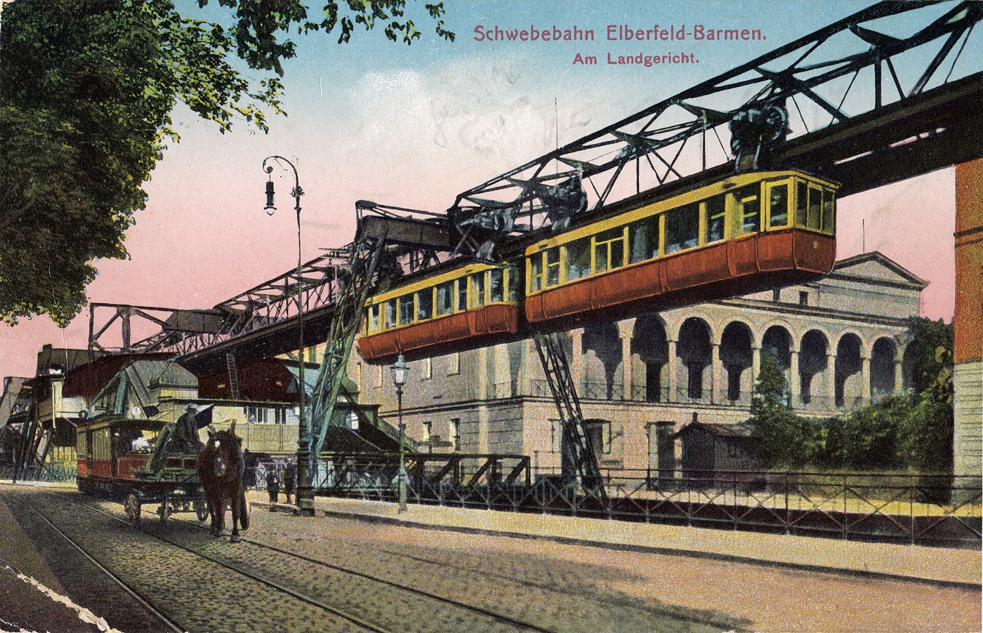 Wagen der Schwebebahn Elberfeld–Barmen an der Haltestelle Landgericht, Ansichtskarte