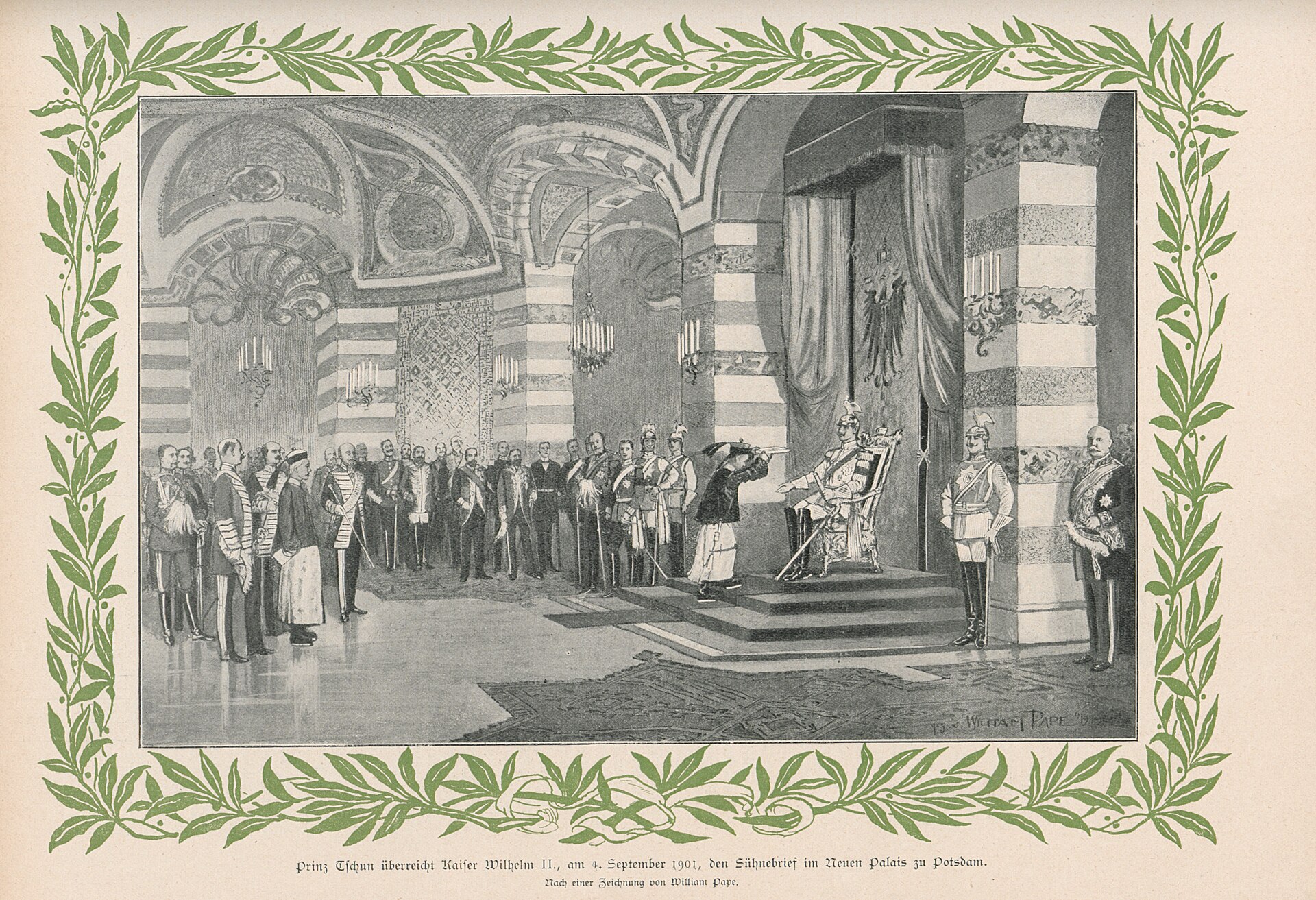 Prinz Tschun überreicht Kaiser Wilhelm II. den Sühnebrief, Illustration von 1901