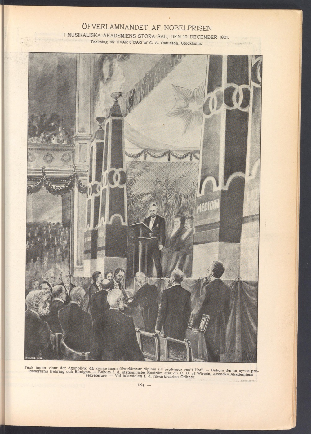 Der Kronprinz überreicht van 't Hoff das Diplom, dahinter Behring und Röntgen, Zeichnung von C. A. Olausson