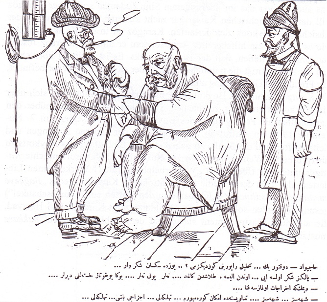 Franz Joseph beim Arzt: die Boykottkrankheit, Karikatur aus dem Karagöz