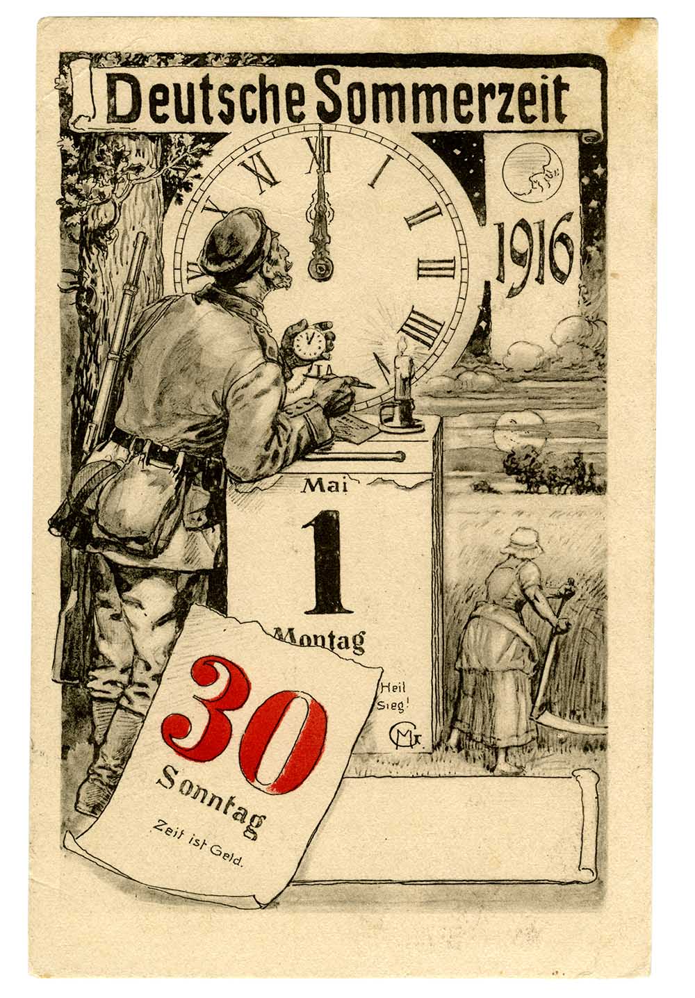 Postkarte zur Einführung der Sommerzeit 1916