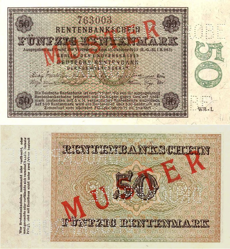 50-Rentenmark-Schein, Vorgängerwährung der Reichsmark