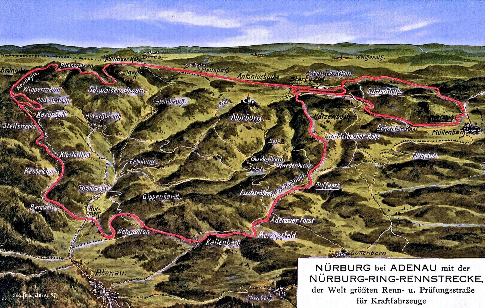 Vogelschau-Postkarte des neu eröffneten Nürburgrings, 1927