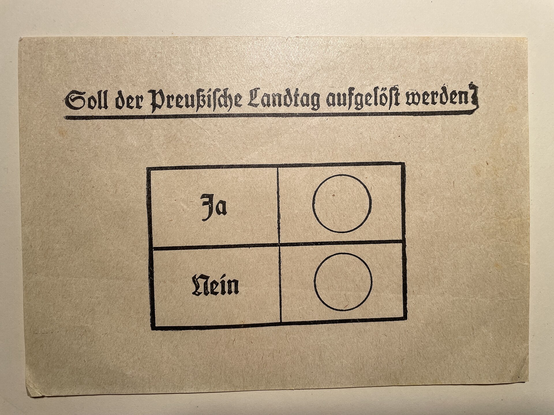 Stimmzettel des Volksentscheids „Soll der Preußische Landtag aufgelöst werden?"