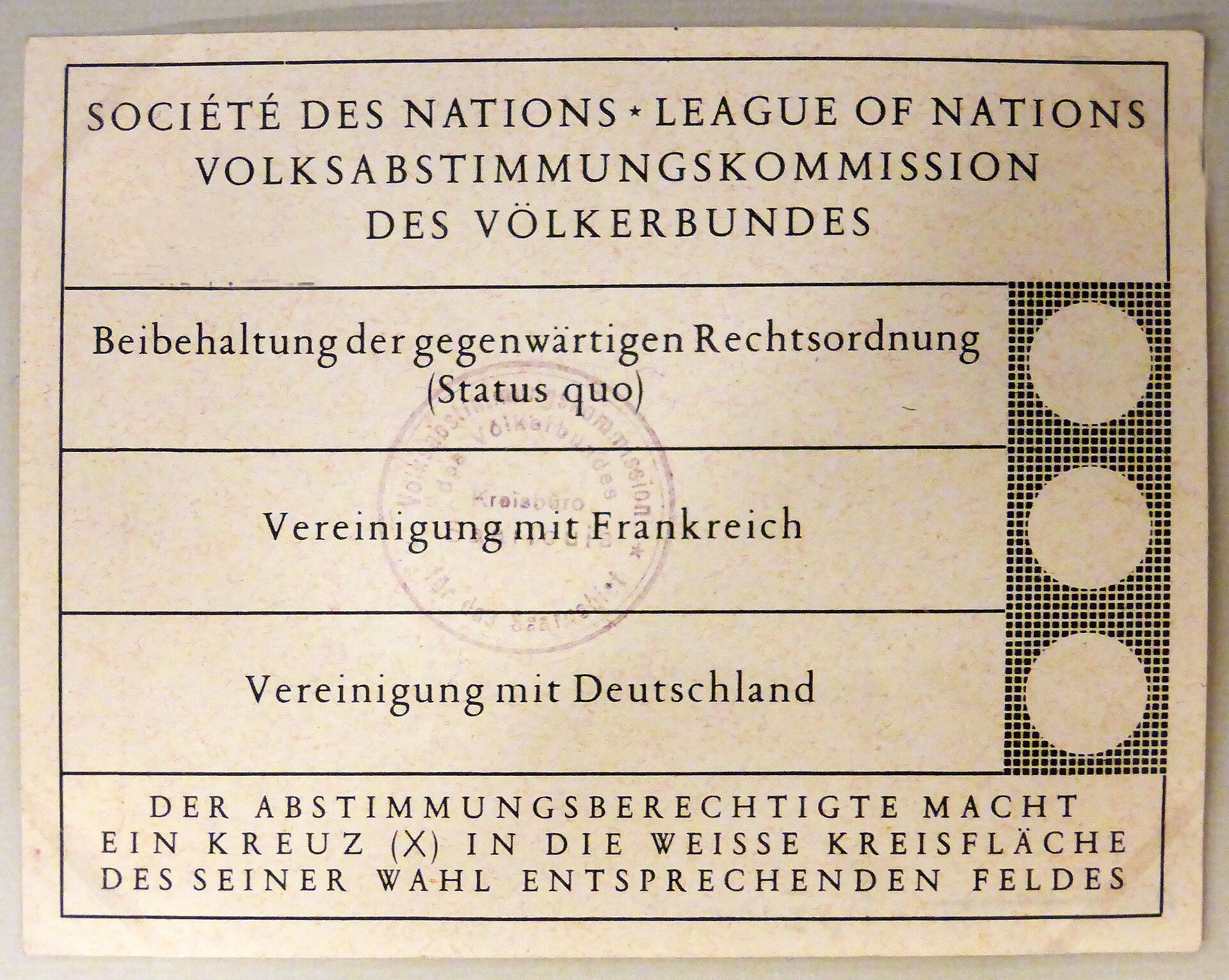 Stimmzettel der Saarabstimmung 1935