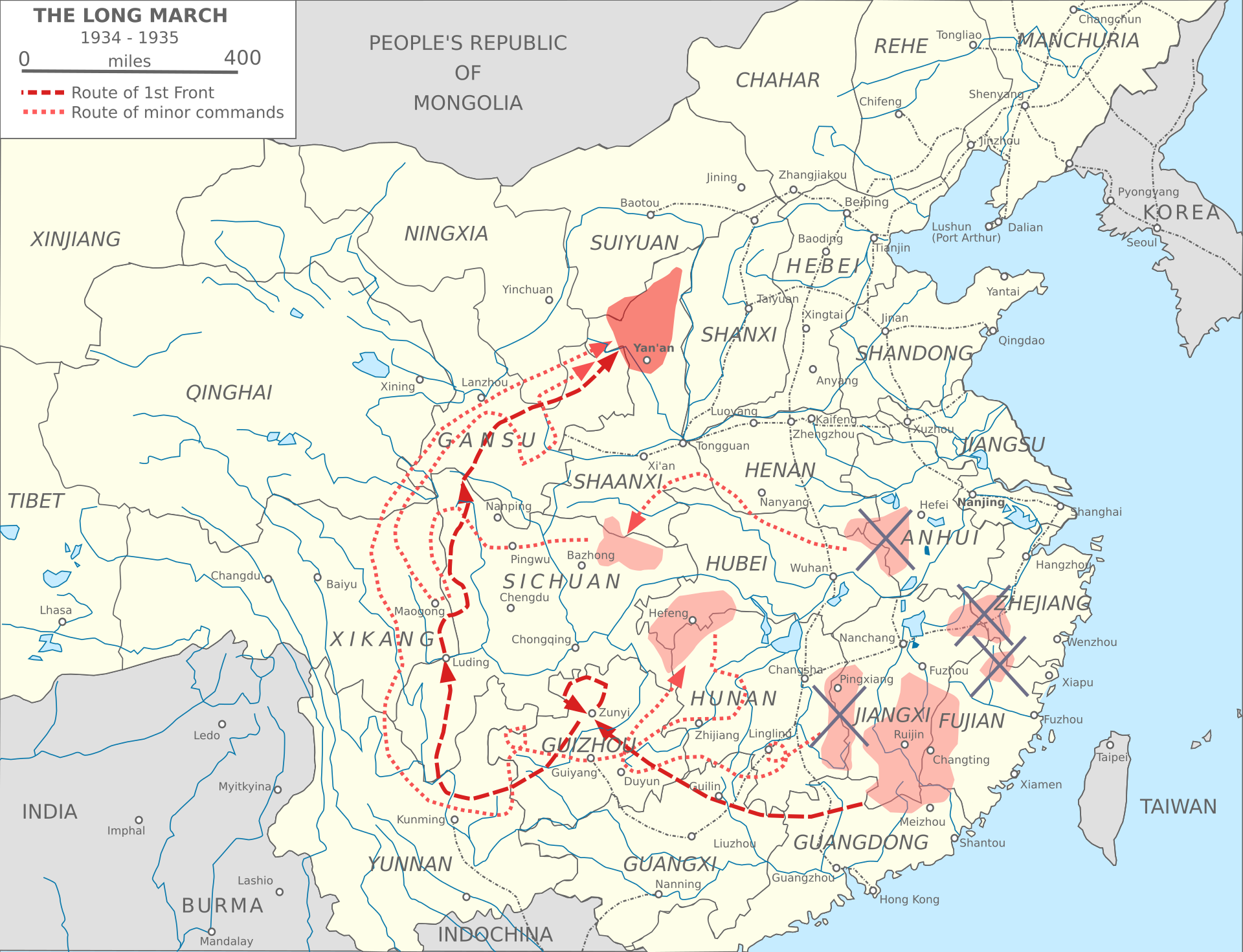 Karte des Langen Marsches der chinesischen Kommunisten 1934/35