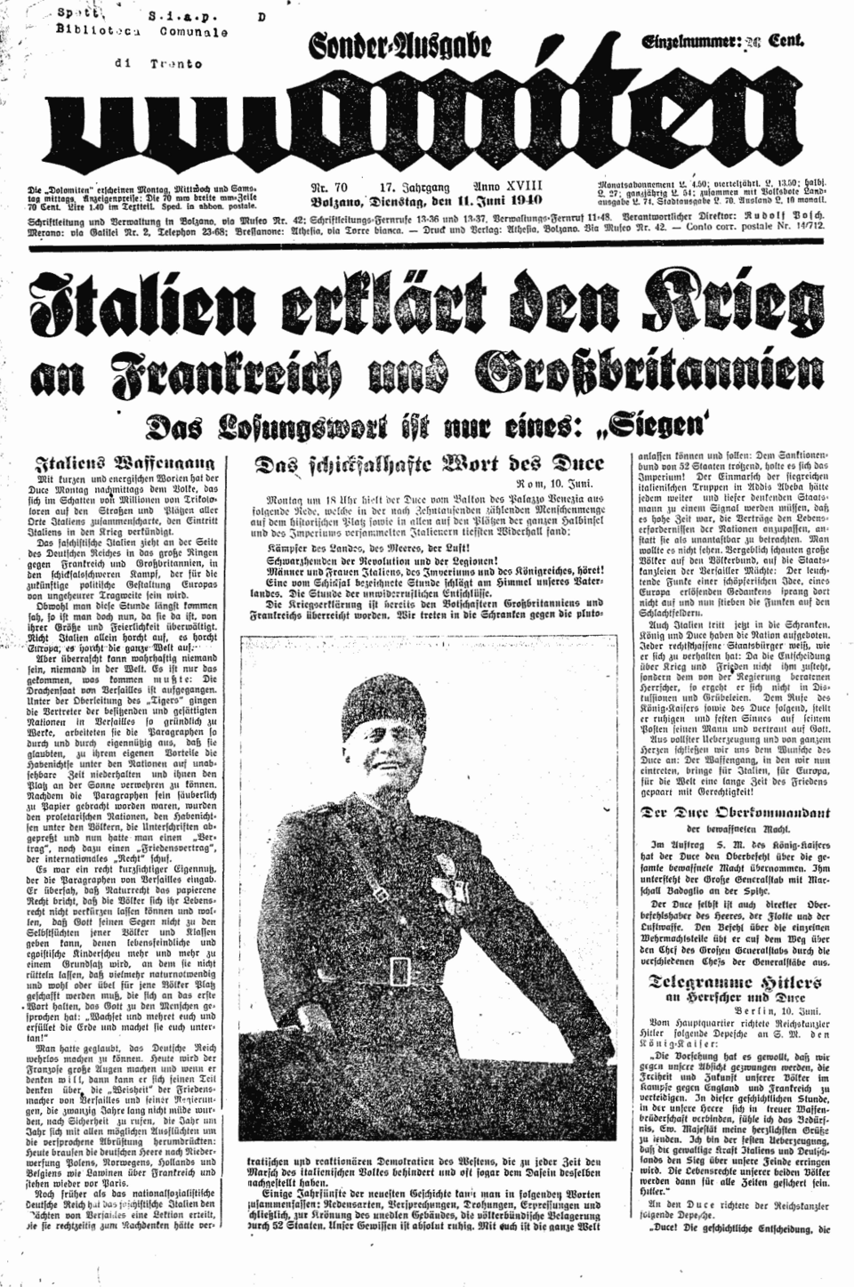 Titelseite der Zeitung „Dolomiten" vom 11. Juni 1940 zum italienischen Kriegseintritt