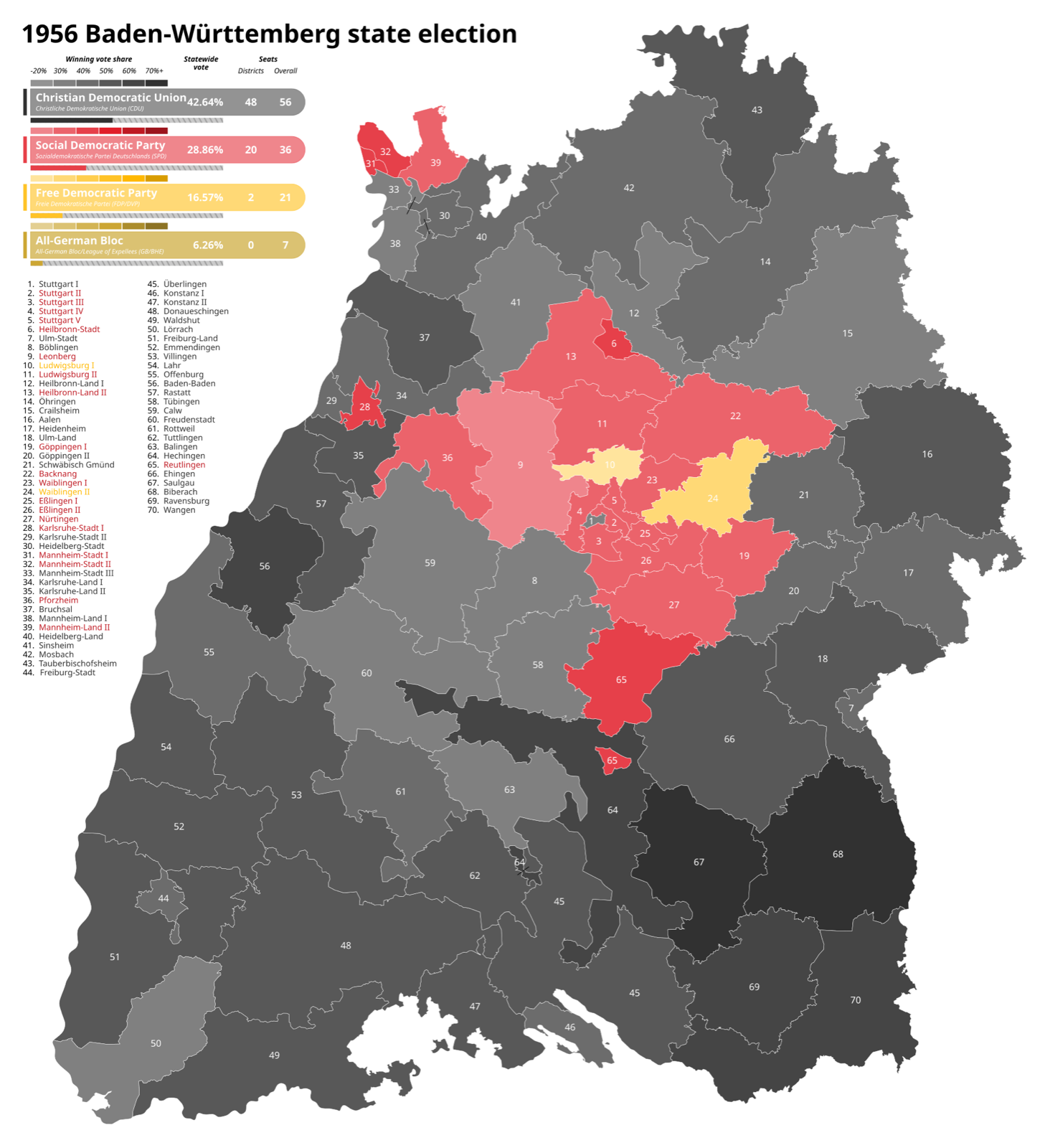 Ergebniskarte der Landtagswahl in Baden-Württemberg 1956: stärkste Partei nach Wahlkreisen