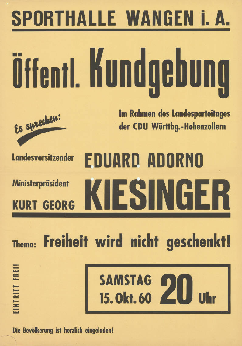 CDU-Kundgebung mit Ministerpräsident Kurt Georg Kiesinger beim Landesparteitag Württemberg-Hohenzollern, Wangen im Allgäu, Oktober 1960