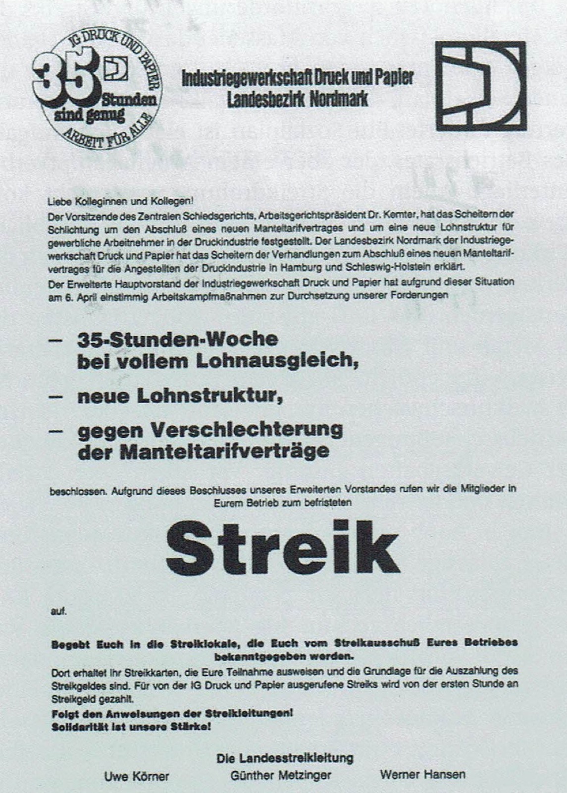 Streikaufruf der IG Druck und Papier von 1984