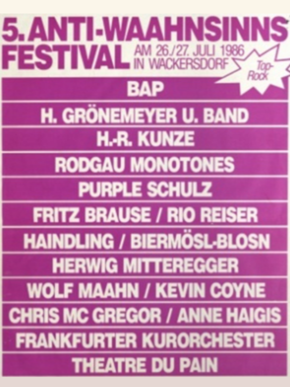 Plakat zum Anti-WAAhnsinns-Festival 1986 in Burglengenfeld