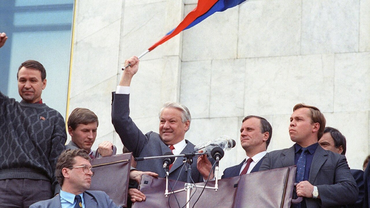 Boris Jelzin während des Augustputsches 1991 in Moskau