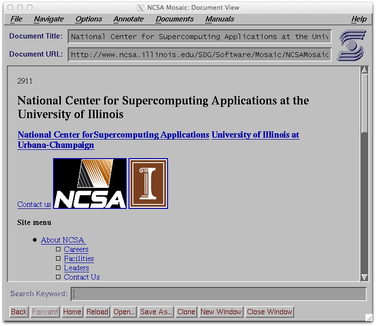 Bildschirmfoto des Webbrowsers NCSA Mosaic aus den 1990er Jahren