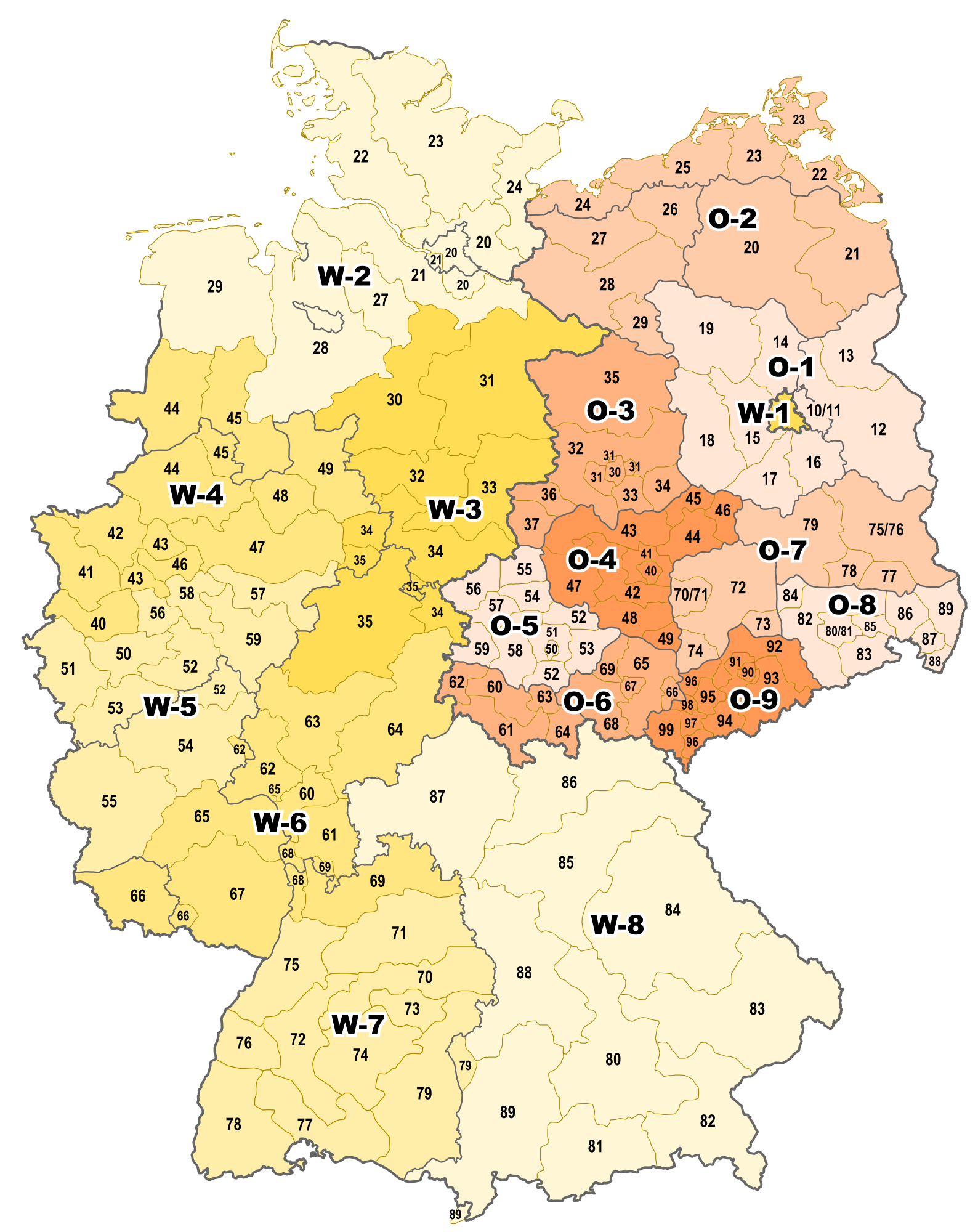 Karte der vierstelligen Postleitzahlen-Bezirke in Deutschland, wie sie bis zum 1. Juli 1993 galten