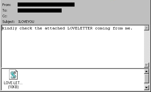 Bildschirmdarstellung des ILOVEYOU-Computerwurms aus dem Jahr 2000