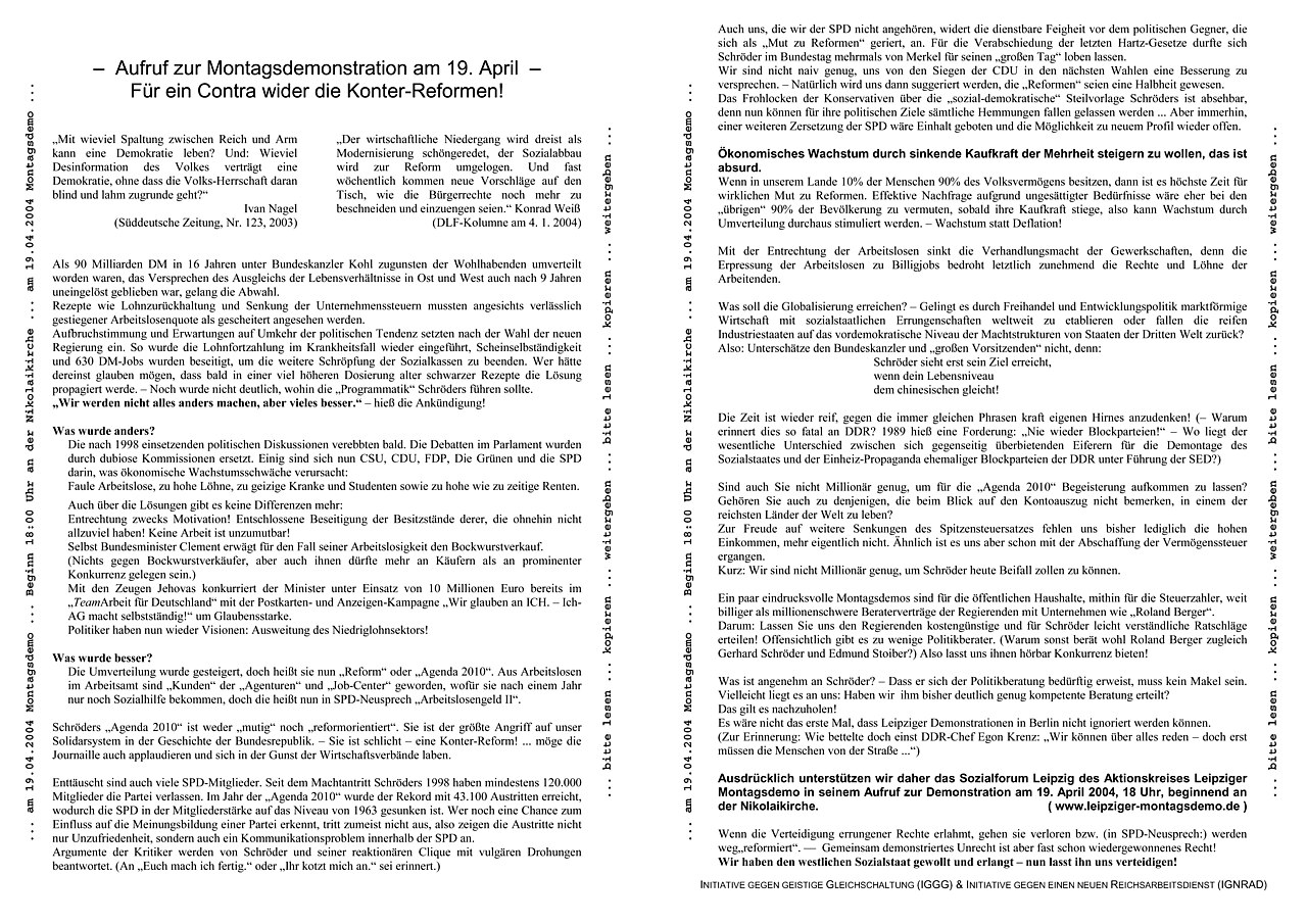 Aufruf zur Montagsdemonstration gegen Hartz IV, 2004