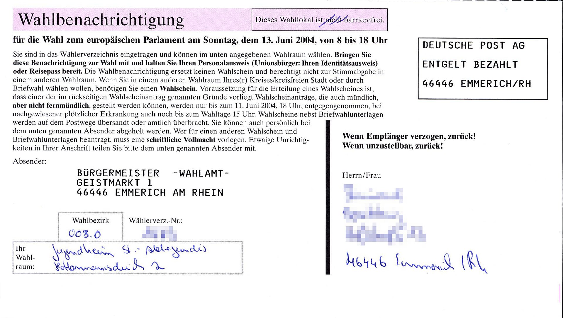 Wahlbenachrichtigung für die Europawahl im Juni 2004
