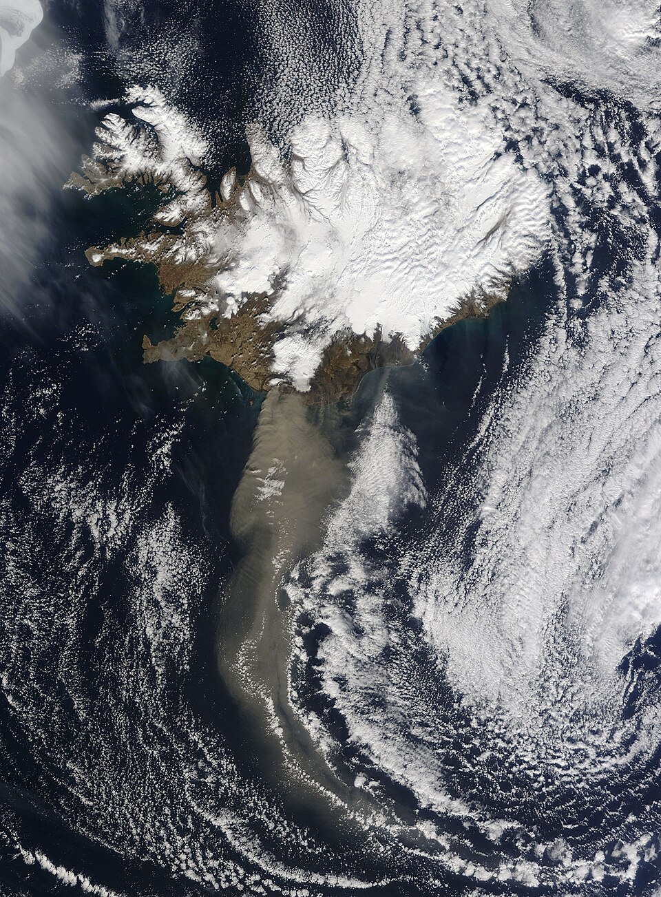 Aschewolke des Eyjafjallajökull, Satellitenbild vom 19. April 2010