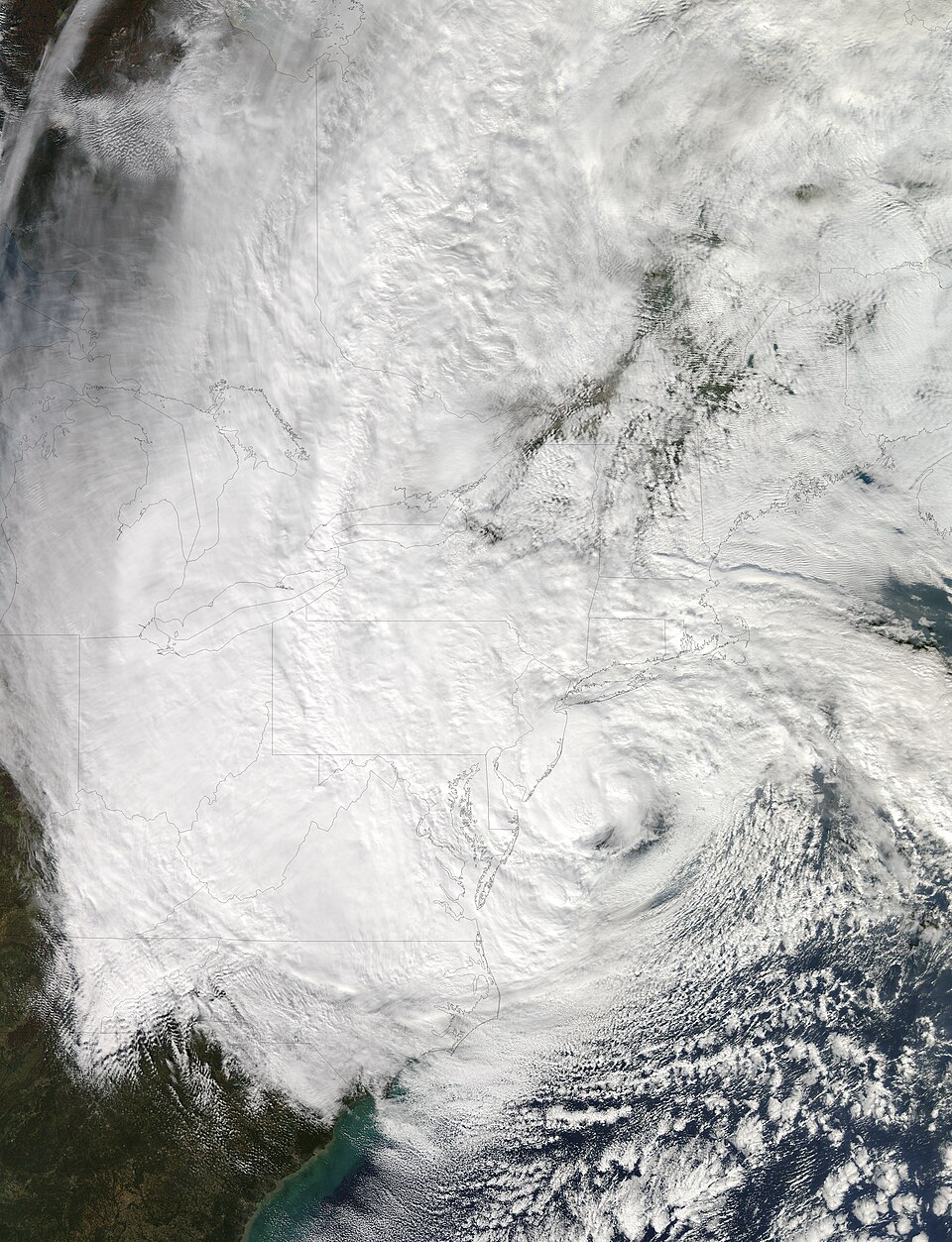 Satellitenaufnahme des Hurrikans Sandy am Tag des Landfalls